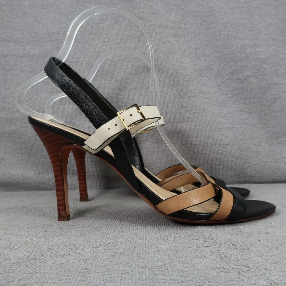 Cole Haan Womens 9 Black White Tan Leather Strappy Slingback Stiletto Heels